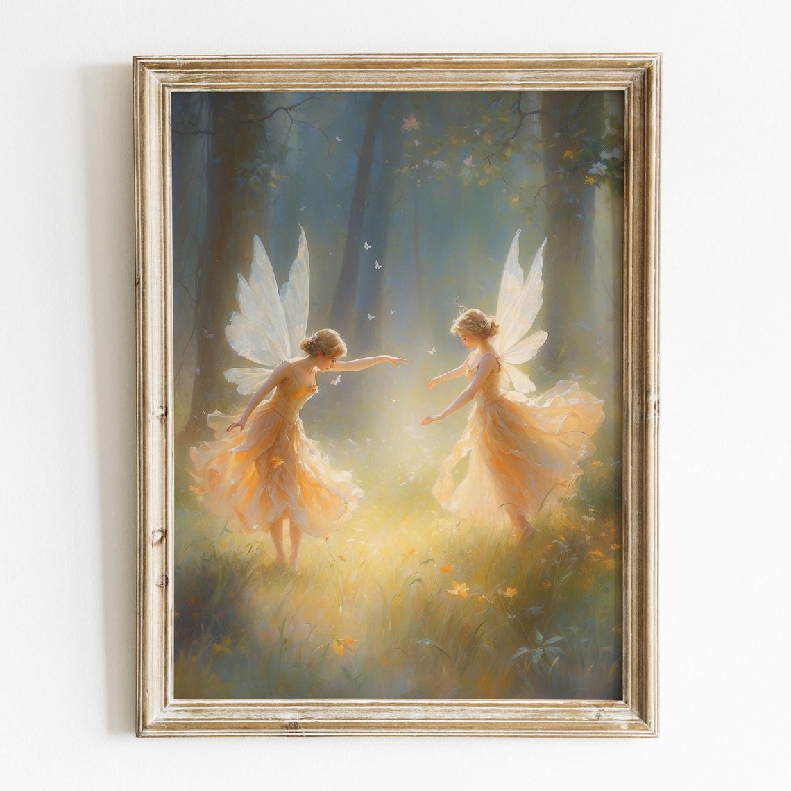 Whimsical Fine Art Print Of Two Fairies Dancing In A Beautiful Forest Glade Enchanting Nursery Gift