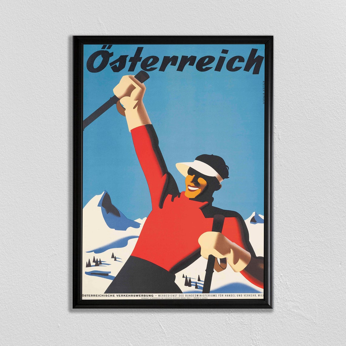 Osterreich Austria Vintage Ski Poster Cheerful Skier in Alps