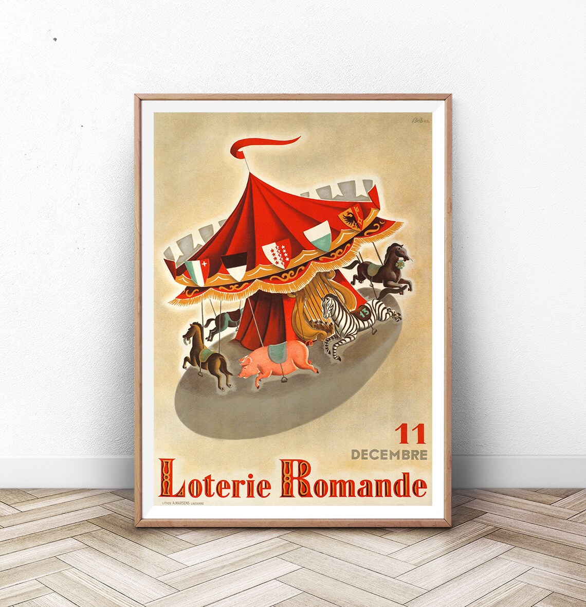 Loterie Romande December 11 Carousel Vintage Swiss Lottery Poster