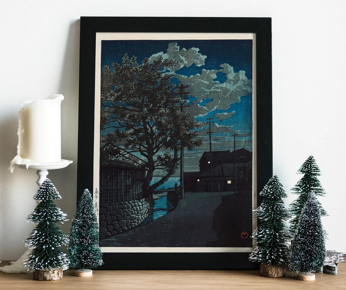 Hasui Kawase Night Street Moonlit Japanese Woodblock Art Poster