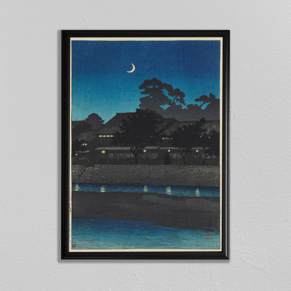 Hasui Moonlit River Houses Crescent Moon Japanese Woodblock Poster