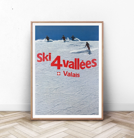 Valais Ski Poster Swiss Travel Art Switzerland Ski Poster Sports Retro Decor Valais Suisse Zermatt Skiing Poster Alps