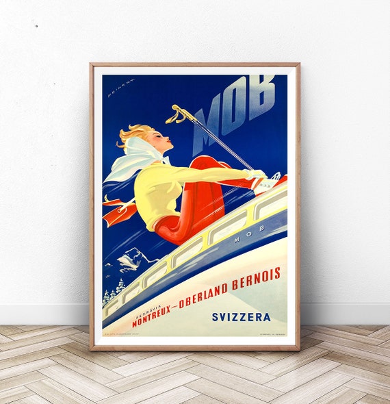 Montreux Ski Poster, Swiss Retro Travel Art
