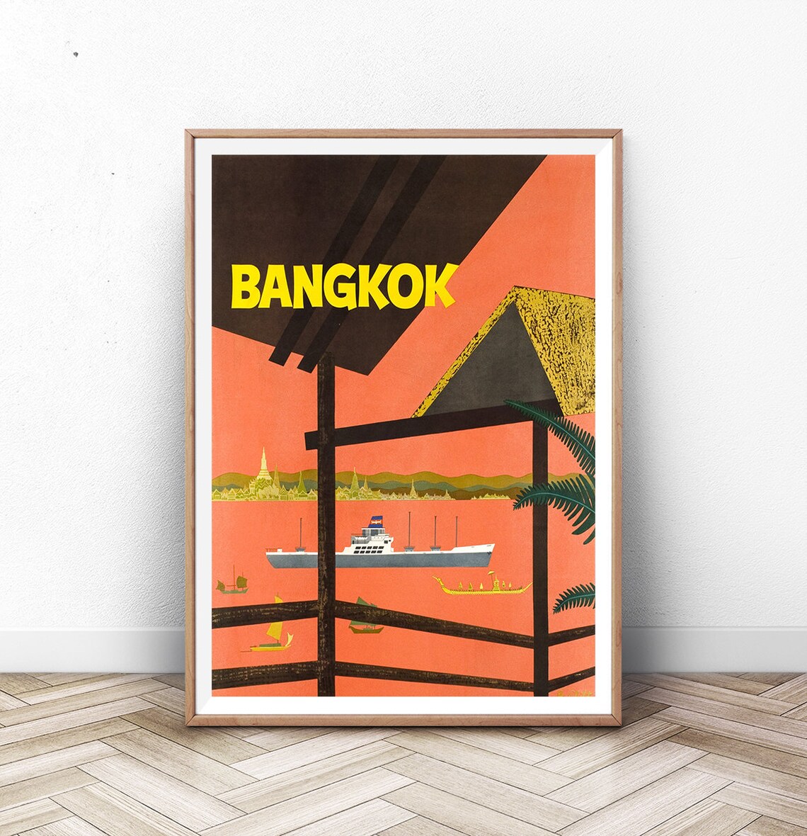 Bangkok Thailand Mid Century Modern Orange Harbor Travel Poster