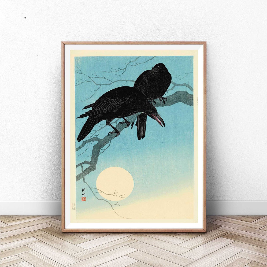 Ohara Shoson Two Crows Moon Japanese Woodblock Bird Art Poster