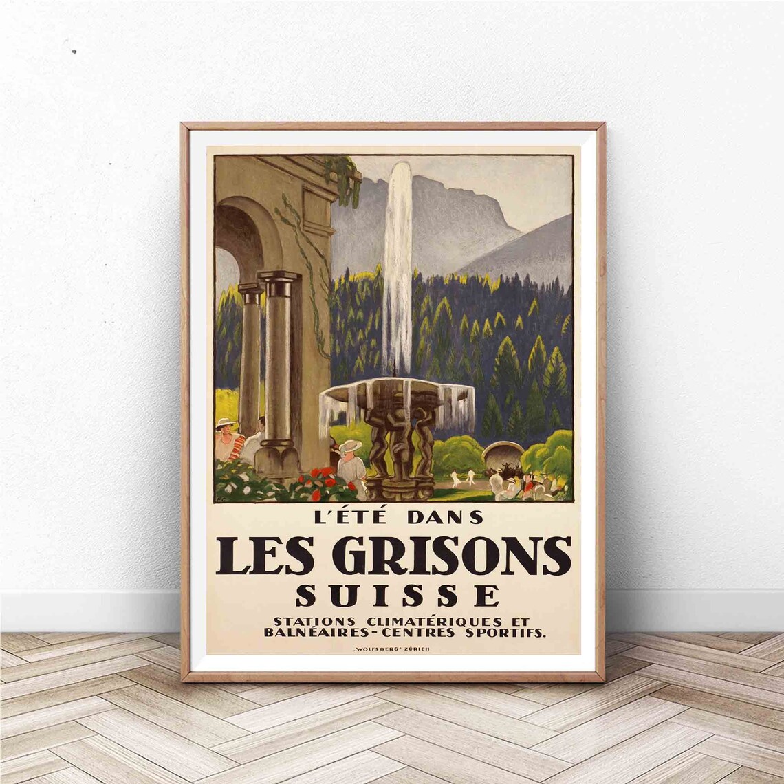 Les Grisons Suisse Vintage Summer Swiss Alps Travel Poster Fountain