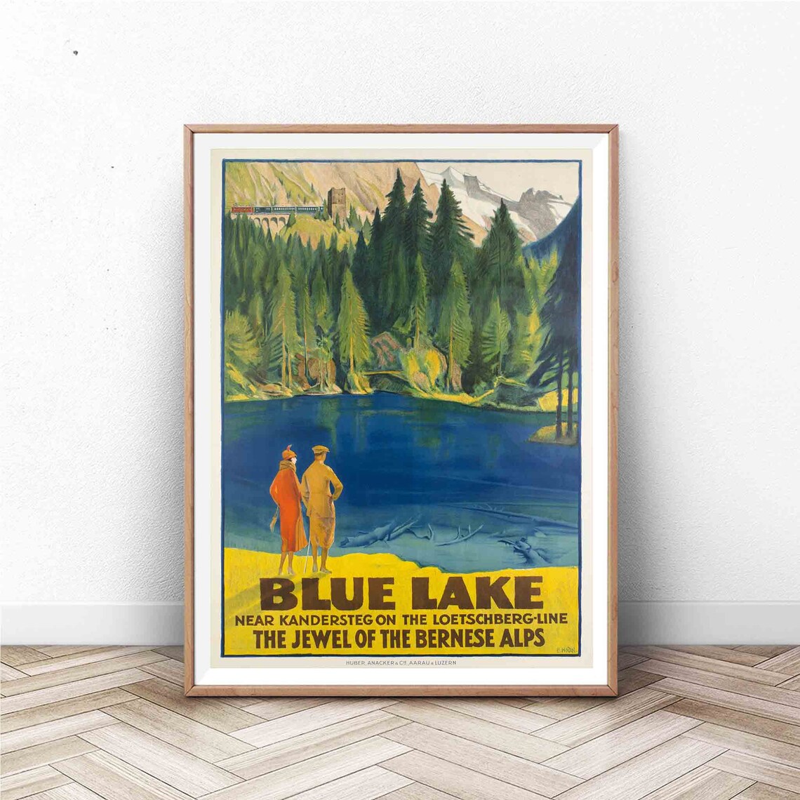 Blue Lake Kandersteg Bernese Alps Vintage Swiss Travel Poster