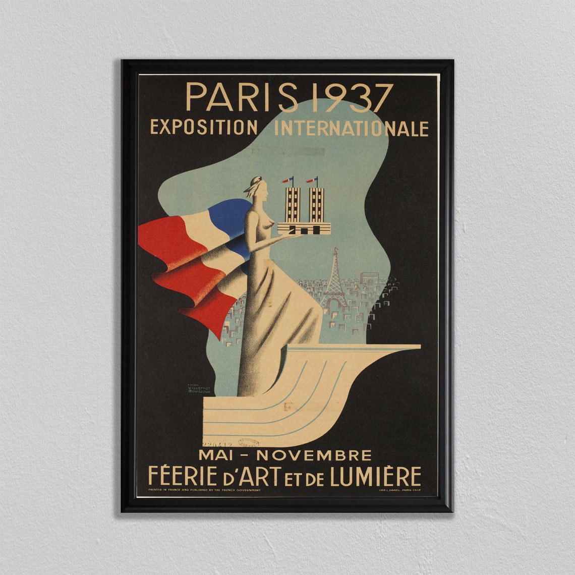 Paris 1937 Exposition Internationale Art Deco Poster Eiffel Tower Flag