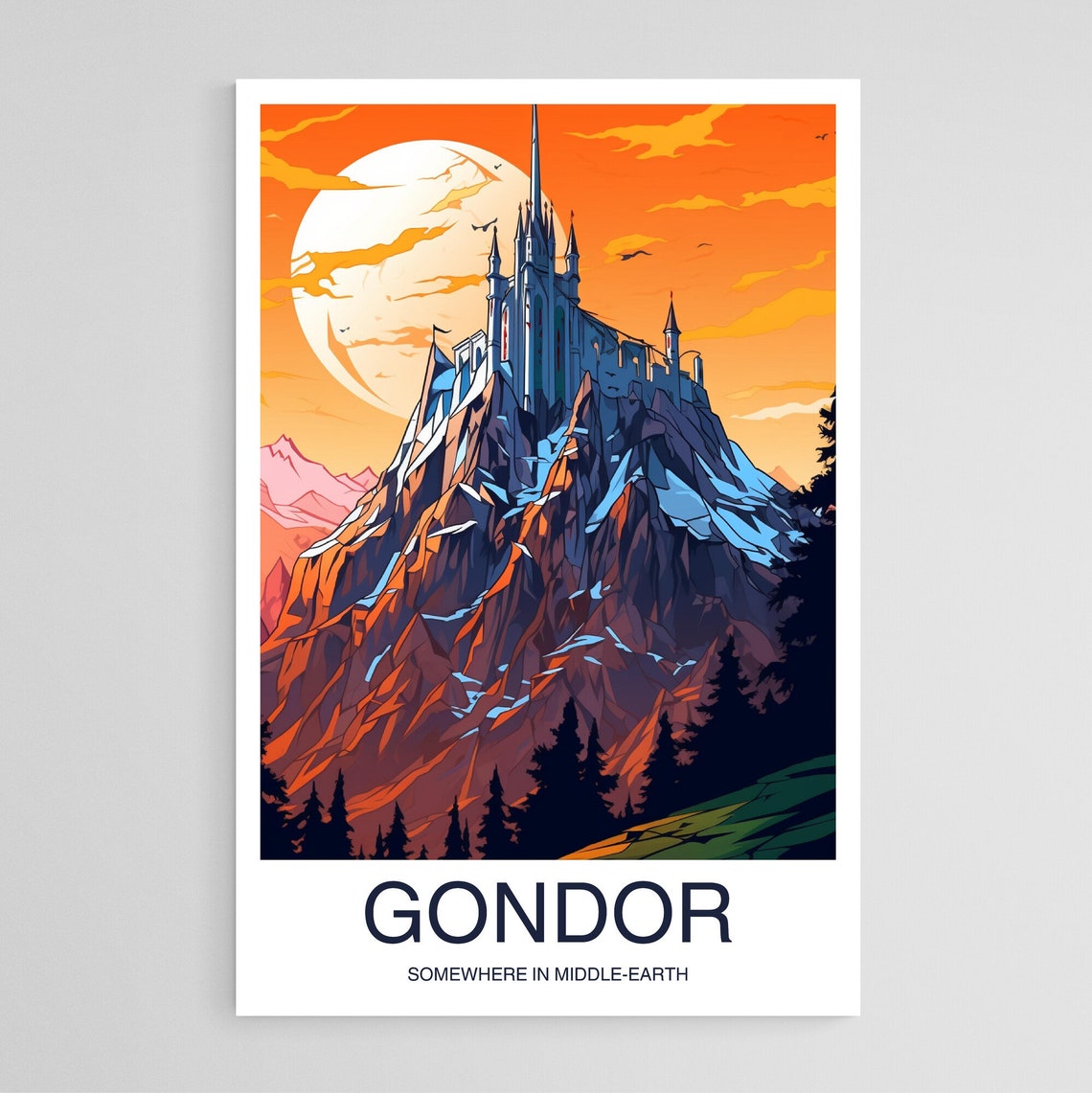 Gondor Middle-Earth Castle Mountain Sunset Travel Art Poster