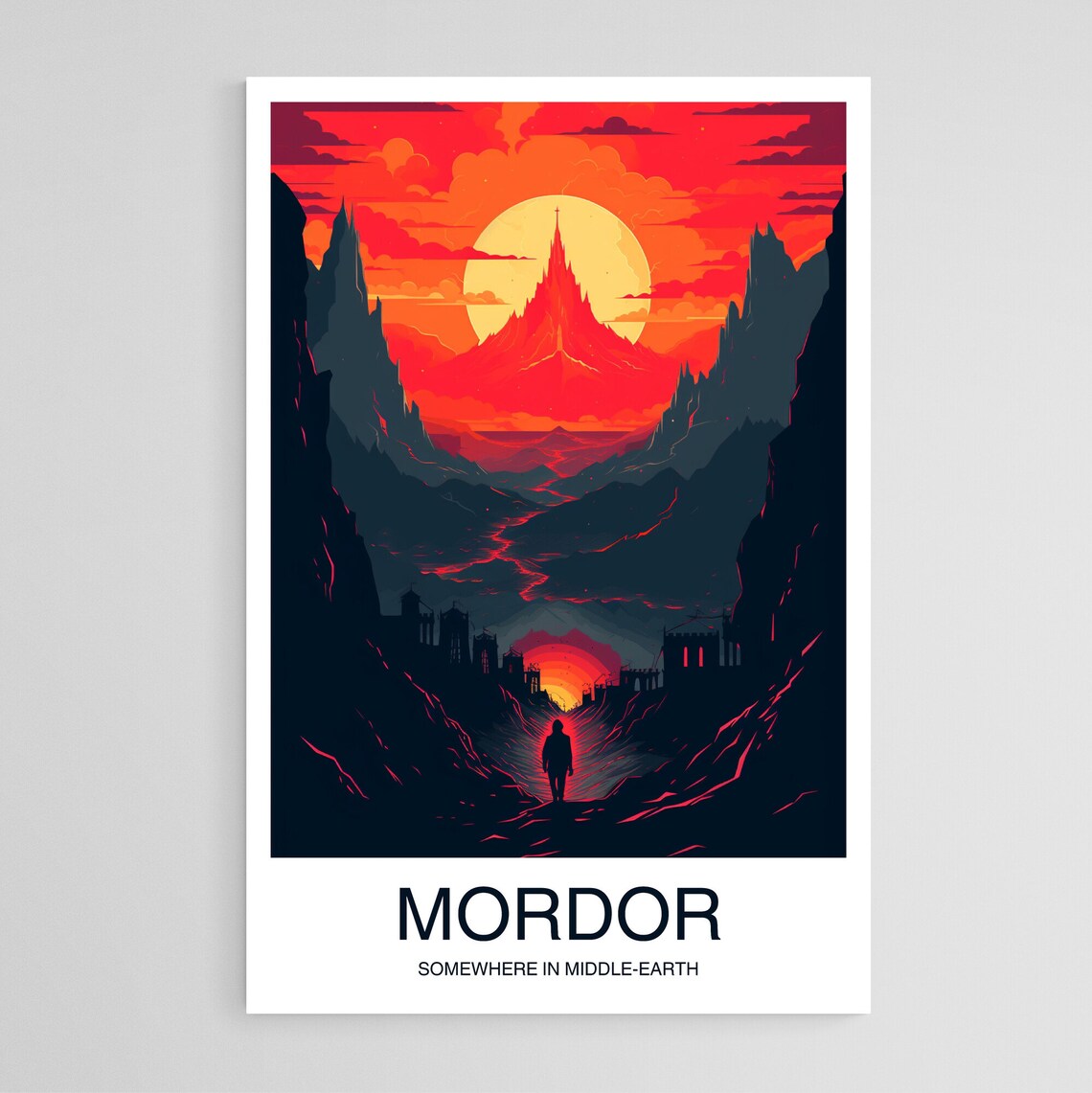 Mordor Middle-Earth Red Volcano Night Silhouette Travel Poster