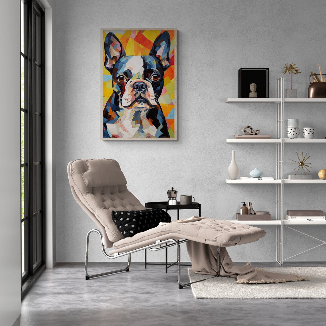 Boston Terrier Mosaic Cubist Portrait Orange Facets Background Poster - Image 2