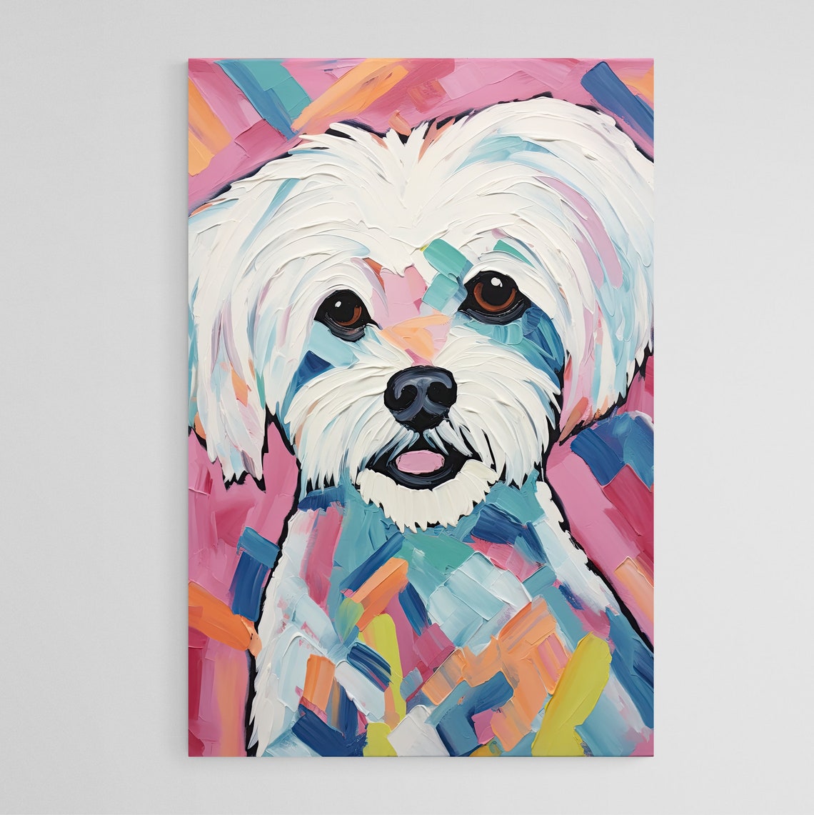 Maltese Dog Painterly Impasto White Fluffy Portrait Pink Poster