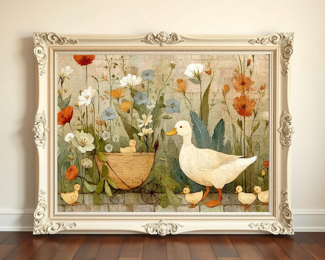 Duck and Ducklings Flower Garden Wheelbarrow Vintage Art Print