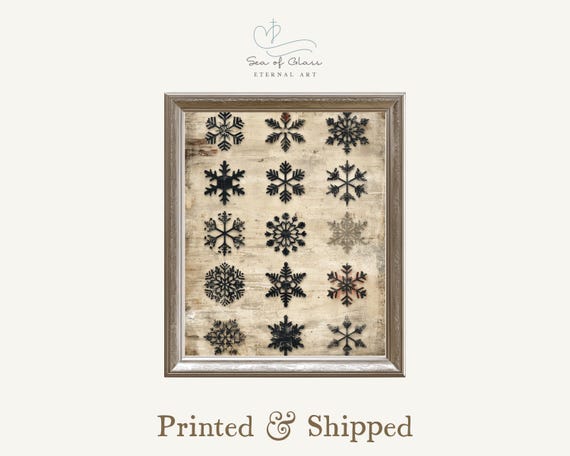 Rustic Snowflake Wall Art Print Vintage Farmhouse Winter Decor Distressed Christmas Illustration Neutral Tones Holiday Hanging