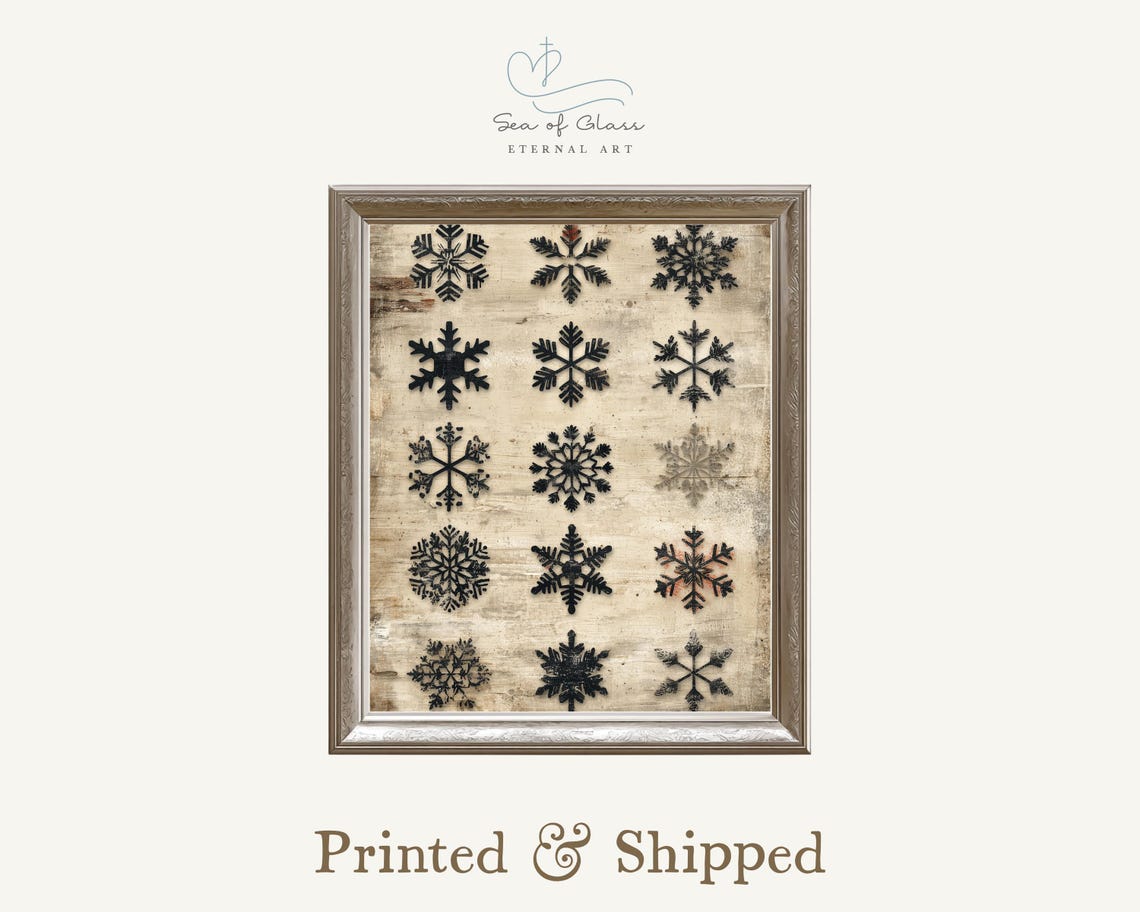 Black Snowflakes On Aged Beige Rustic Vintage Winter Art Poster
