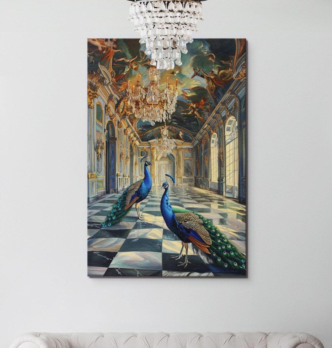 Peacocks In Palace Illustration, Regal Birds