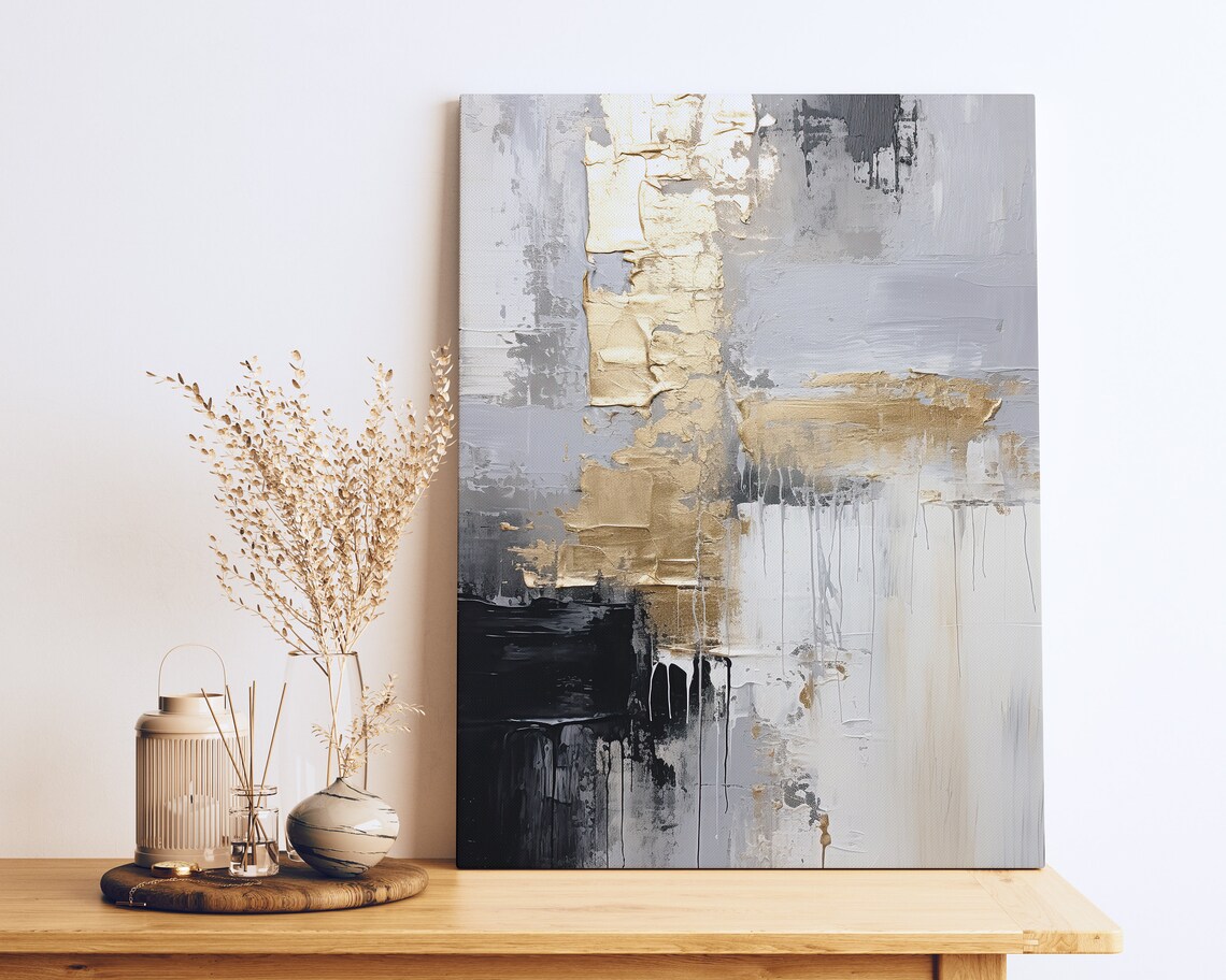 Abstract Painting, Gold White Black Home Decor - Image 2
