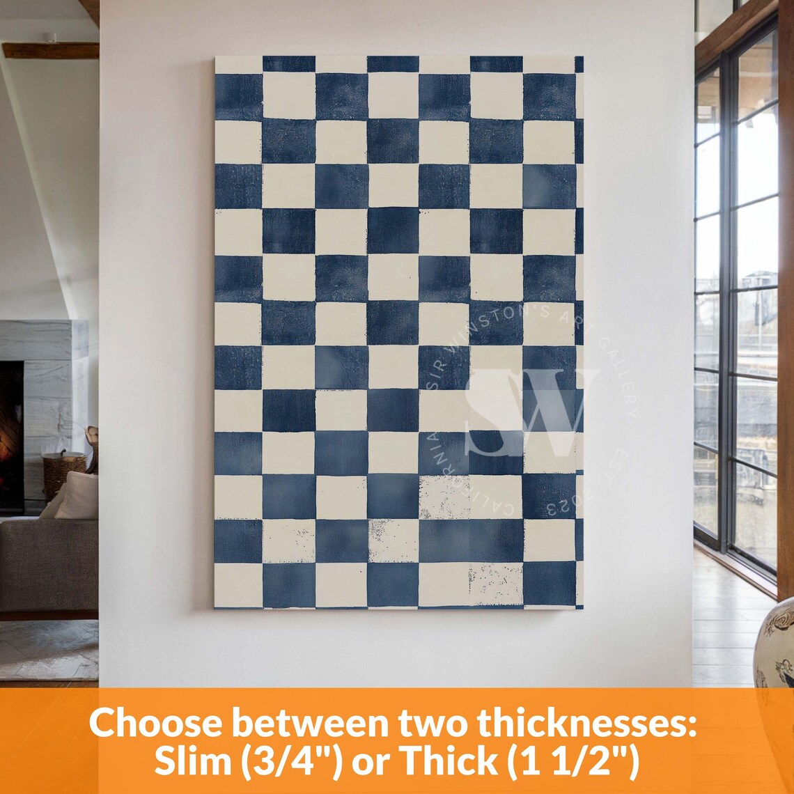 Blue White Checkered Abstract Geometric Art Print - Image 2