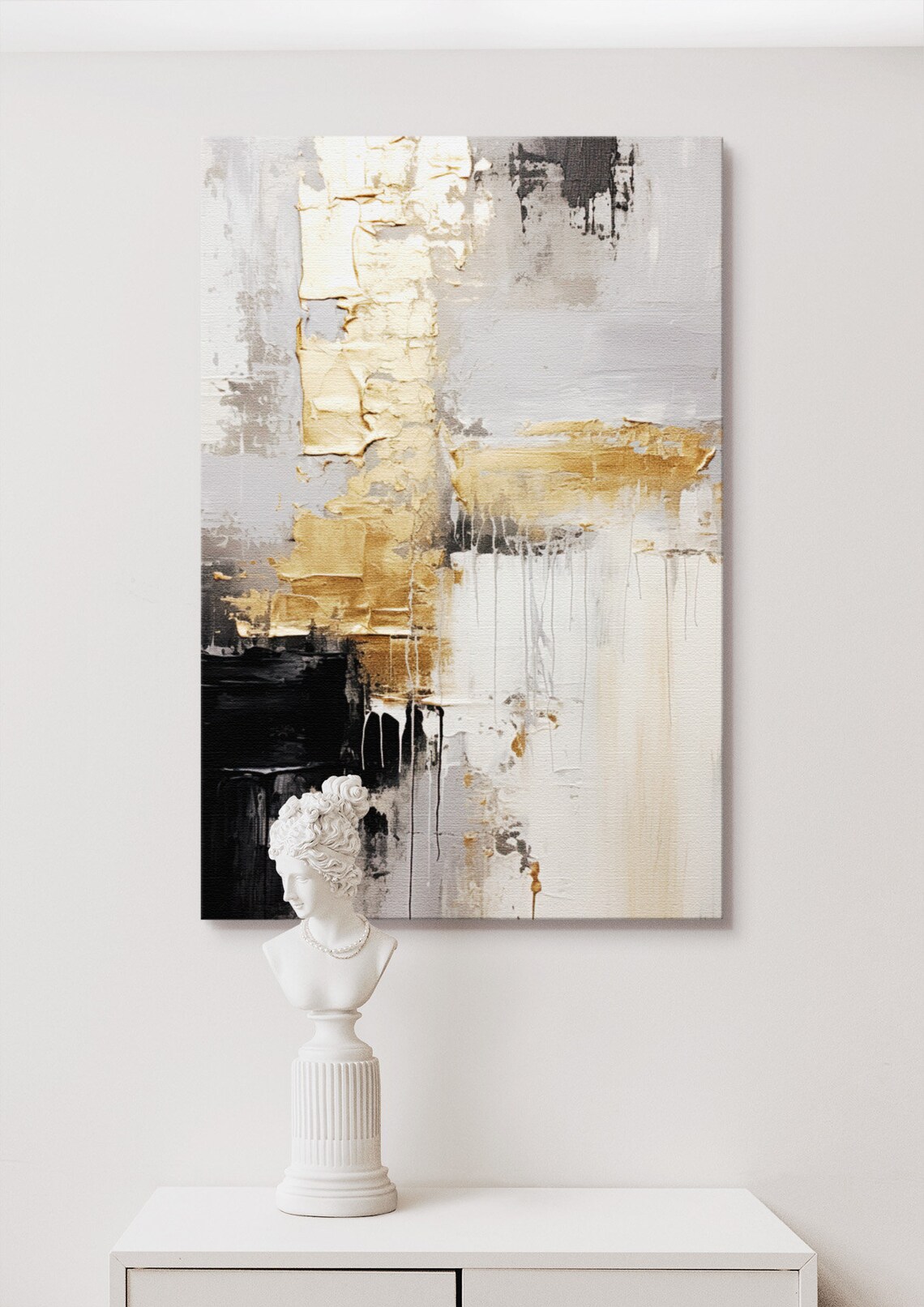 Abstract Painting, Gold White Black Home Decor