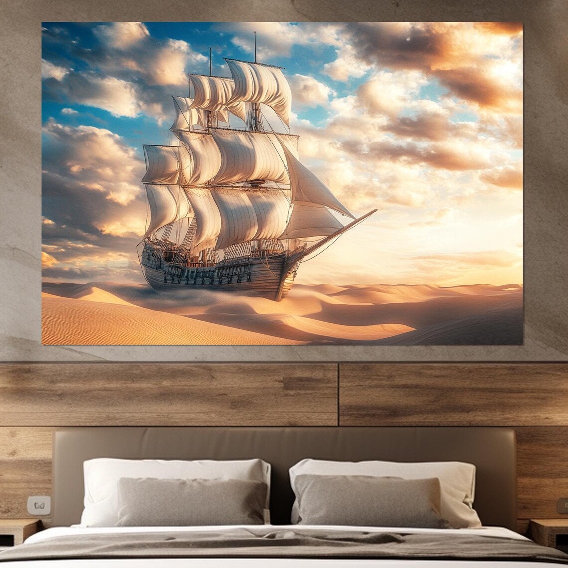 Tall Ship Sailing Golden Sand Dunes Sunset Surreal Painting Poster