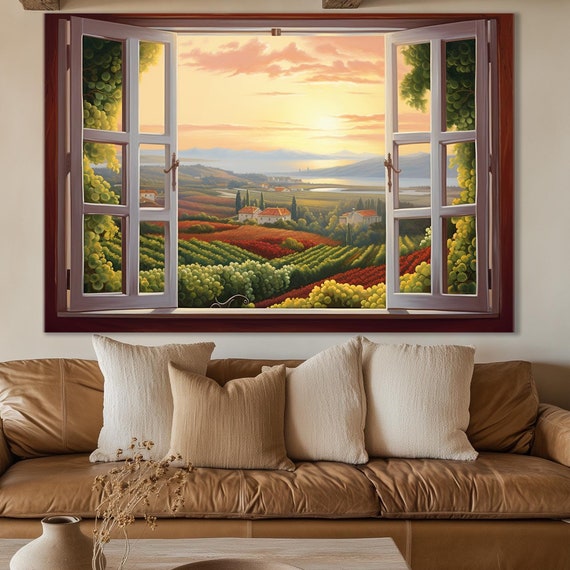Open Window With Vineyards View Print Vineyard On Sunset Painting Wine Wall Art Winery Wall Decor Framed And Ready To Hang