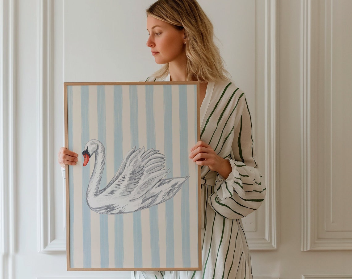 White Swan Watercolor on Blue Striped Nursery Wall Decor Poster - Image 2