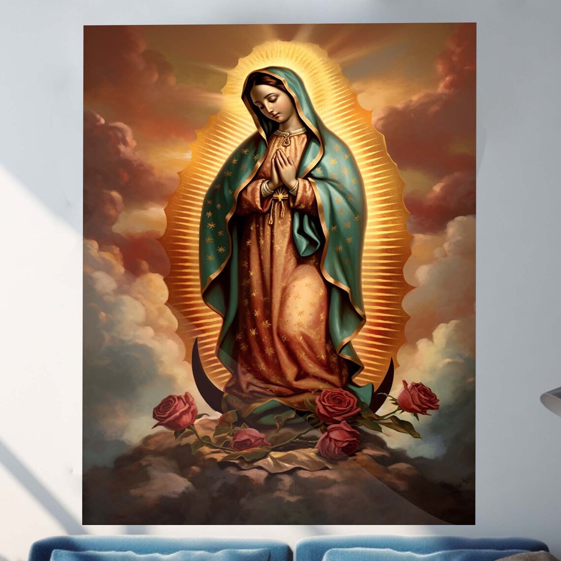 Our Lady of Guadalupe Golden Halo Red Roses Devotional Wall Art