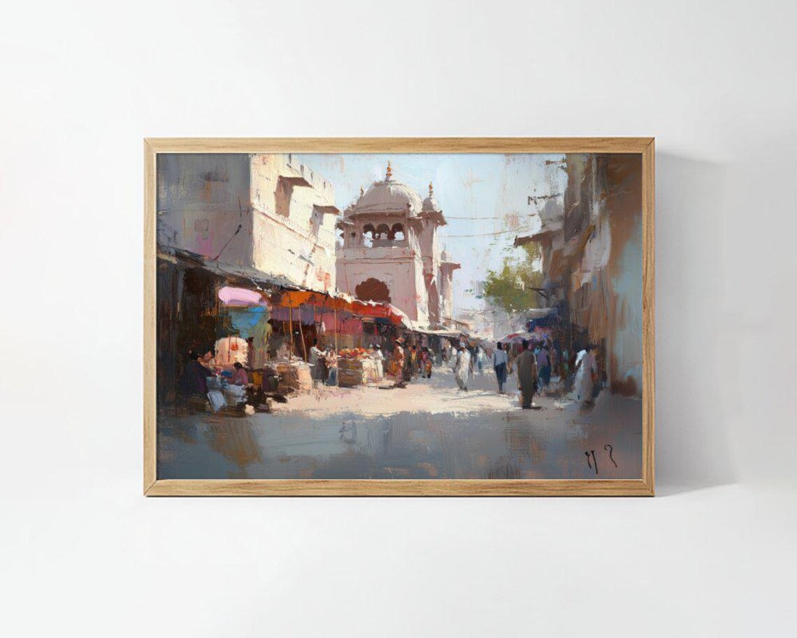 Indian Street Market White Temple Watercolor Travel Art Poster