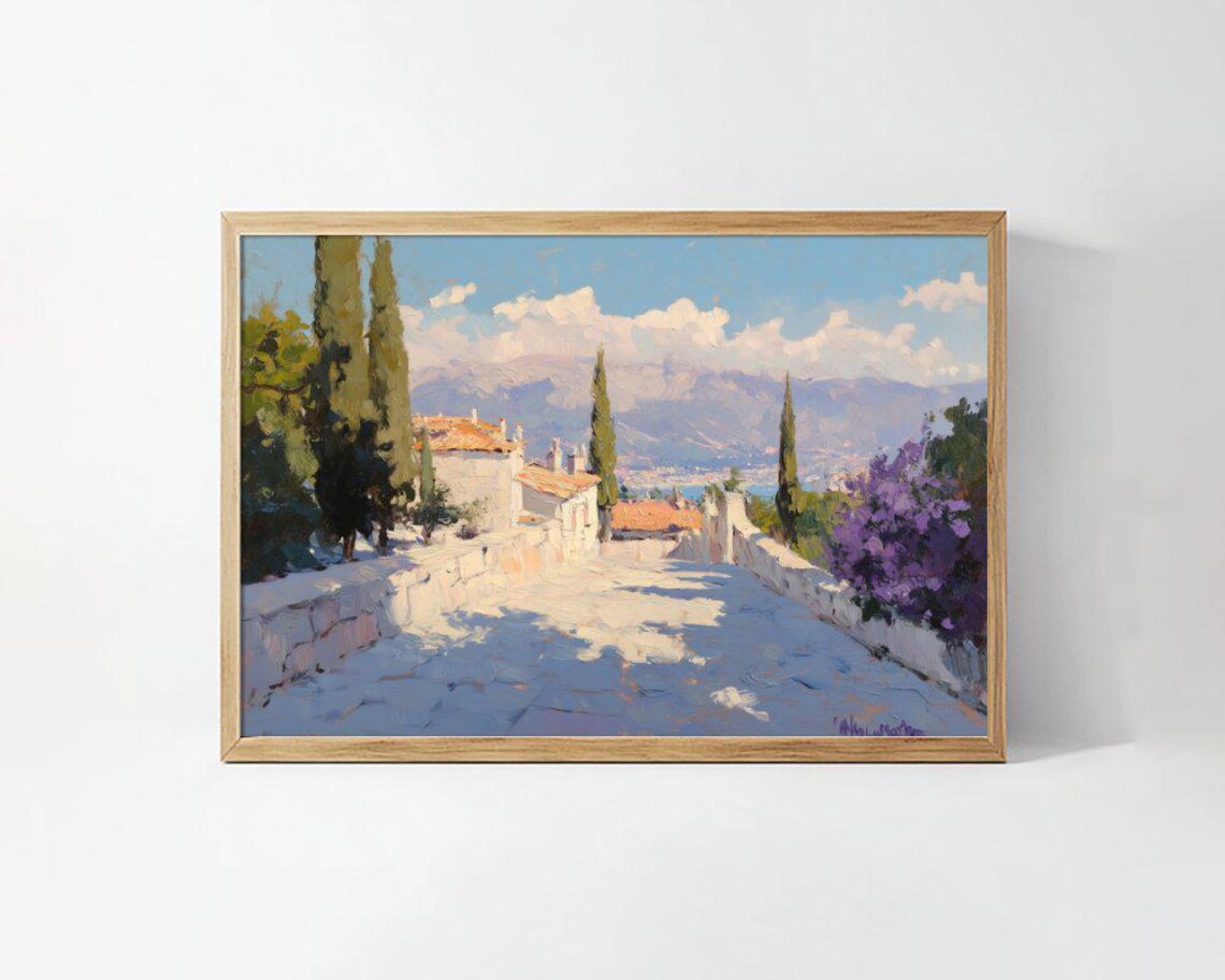Mediterranean Village Scenic Art Print, Sunlit Landscape