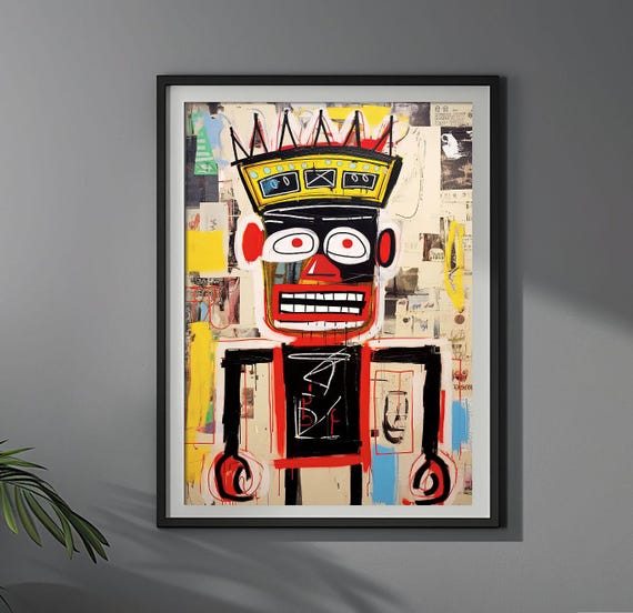 Crowned Figure With Bold Lines Jean Michel Basquiat Styl Poster Colorful Futuristic Wall Art Print Unique Design