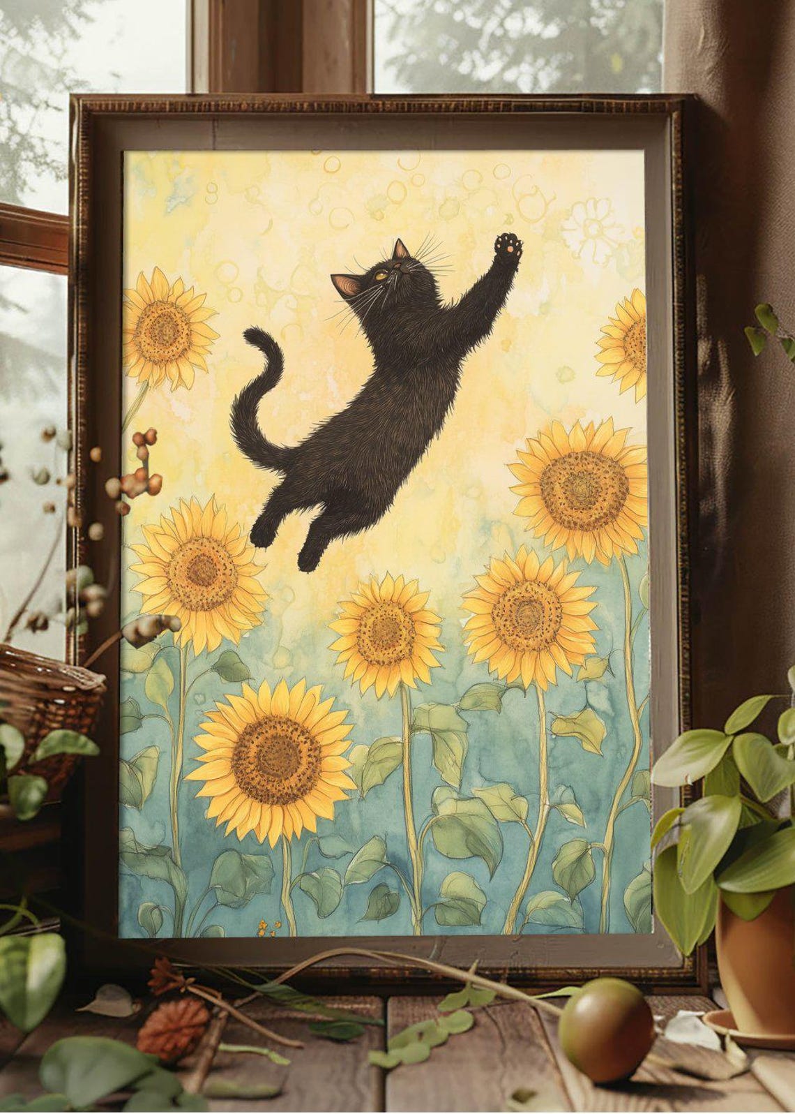 Black Cat Leaping Among Sunflowers Watercolor Playful Poster - Image 2