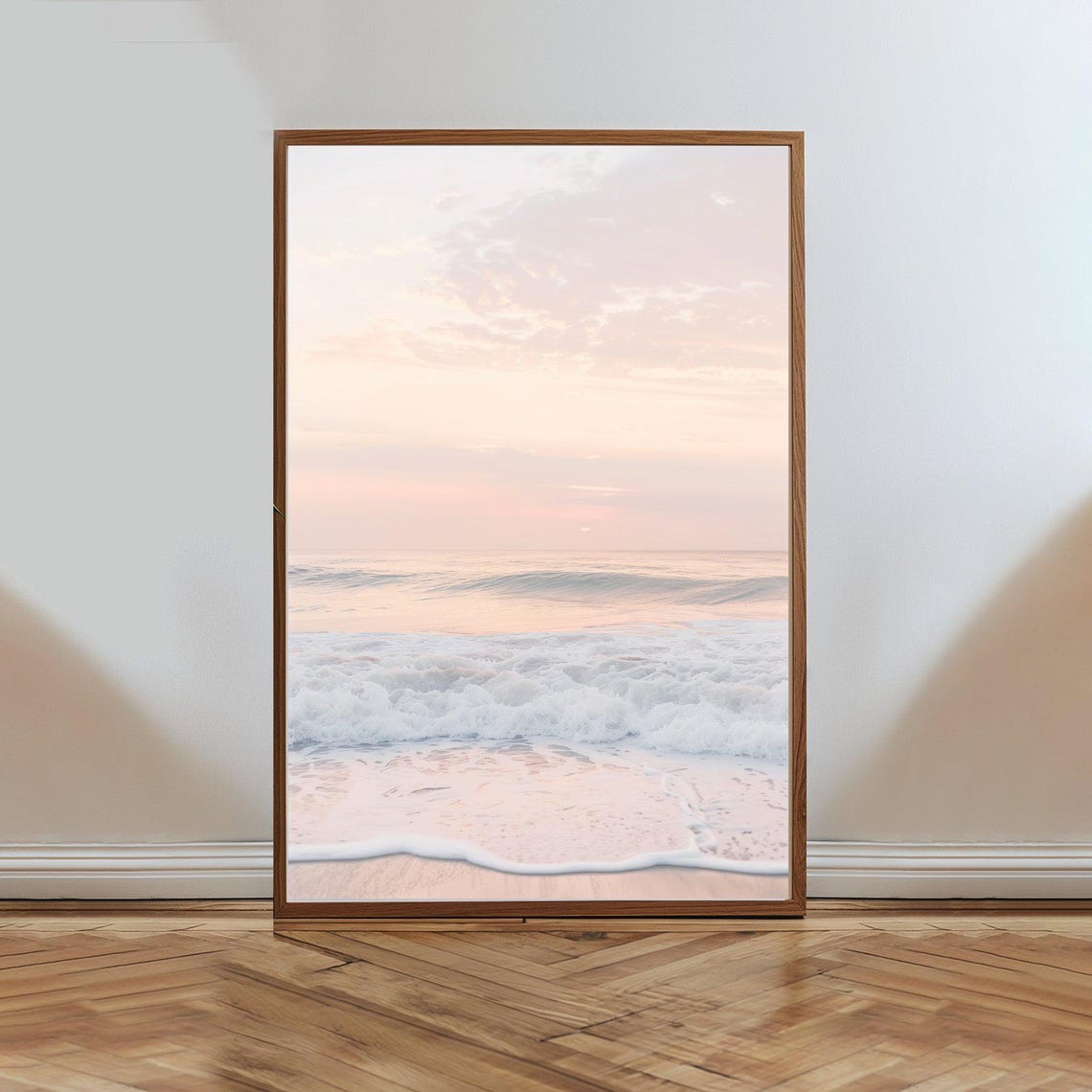 Serene Soft Pink Ocean Sunset Waves Gentle Beach Seascape Poster