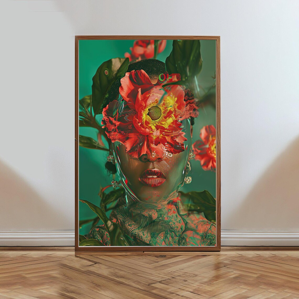 Floral Face Surreal Botanical Woman Red Hibiscus Tropical Poster