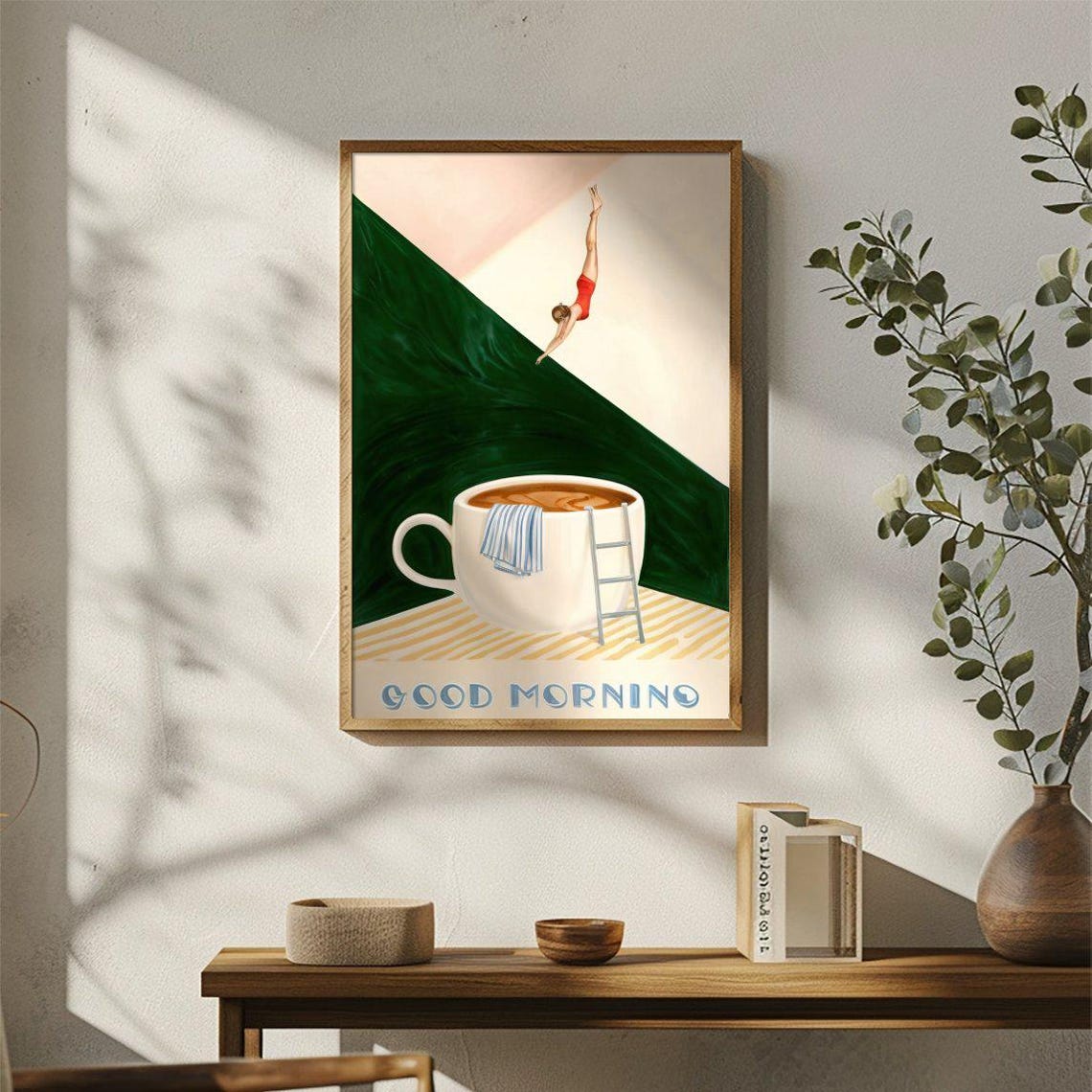 Good Morning Coffee Cup Swimmer Diver Whimsical Kitchen Art Poster - Image 2