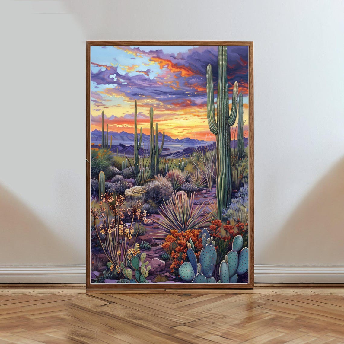 Desert Sunset Saguaro Cactus Landscape Purple Sky Painting Poster