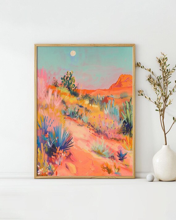 Moonrise Over The Desert Art Poster Midcentury Modern Travel Wall Art Painting As Print Unique Design