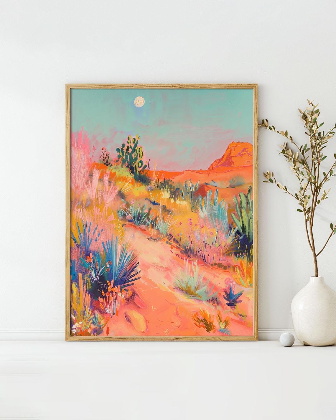 Moonrise Over The Desert Cactus Moon Midcentury Modern Travel Poster