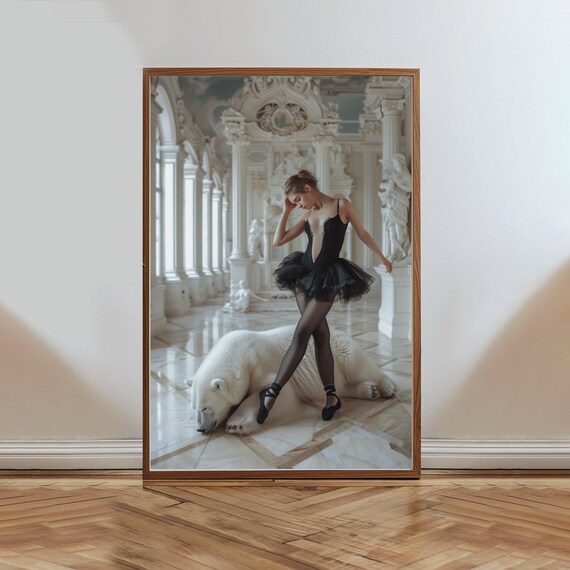 Ballerina Dancing In Palace With Polar Bear Surreal Art Poster