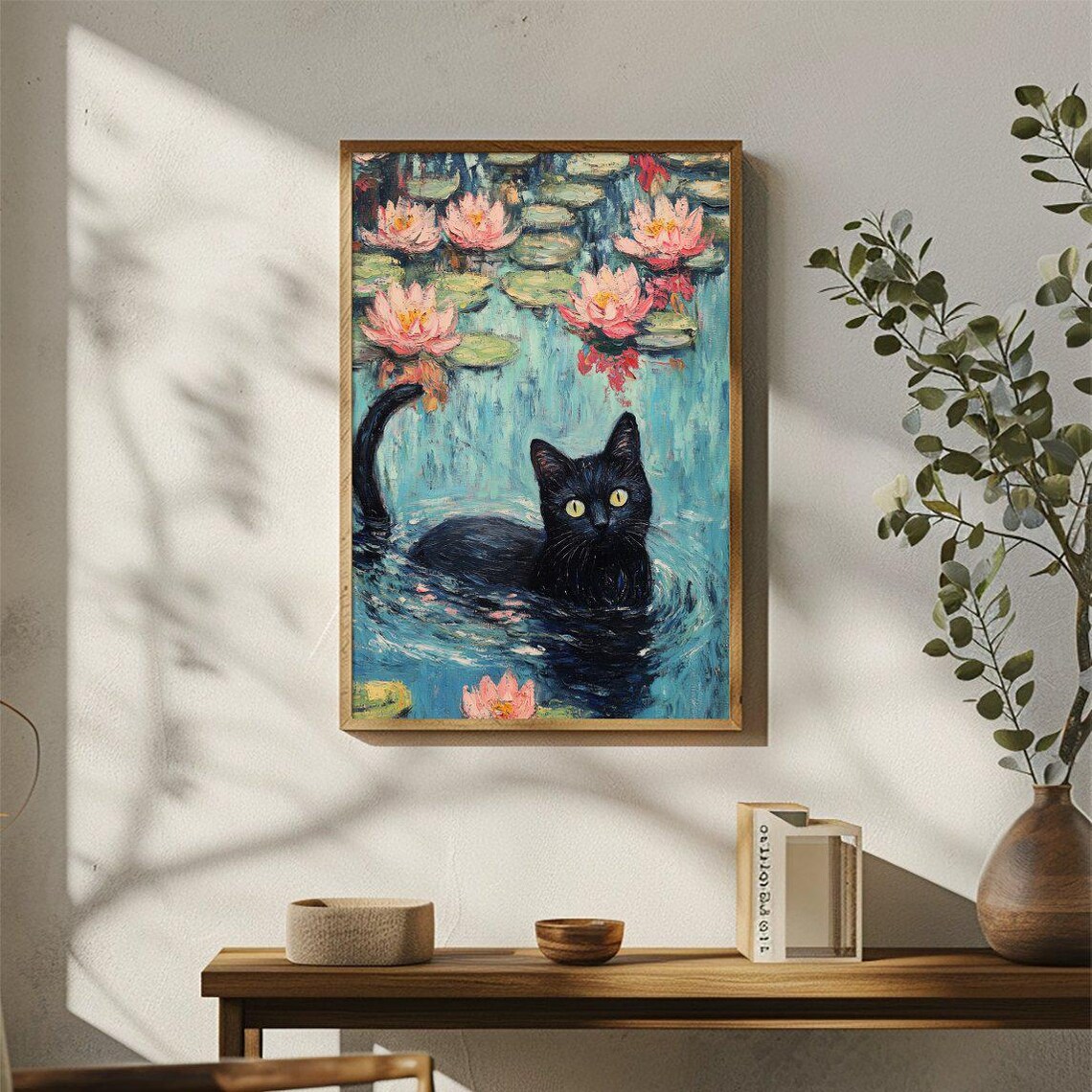 Black Cat Swimming Pink Water Lilies Impressionist Cat Poster - Image 3
