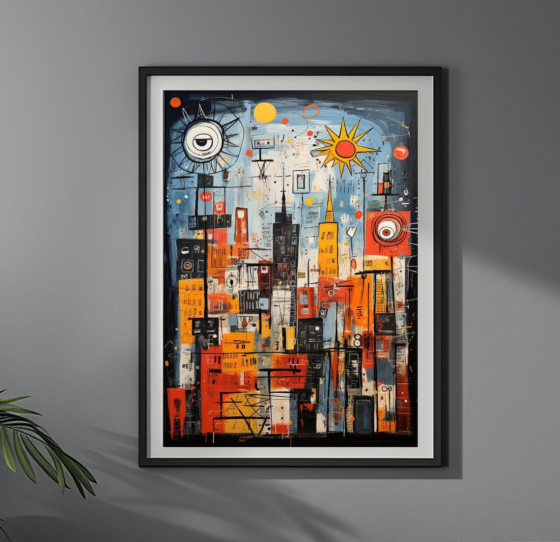 Urban Sun Abstract Cityscape Blazing Sun Basquiat Style Art Poster