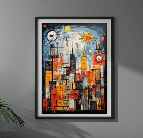 Urban Sun Jean Michel Basquiat Styl Poster Colorful Futuristic Wall Art Print Unique Design
