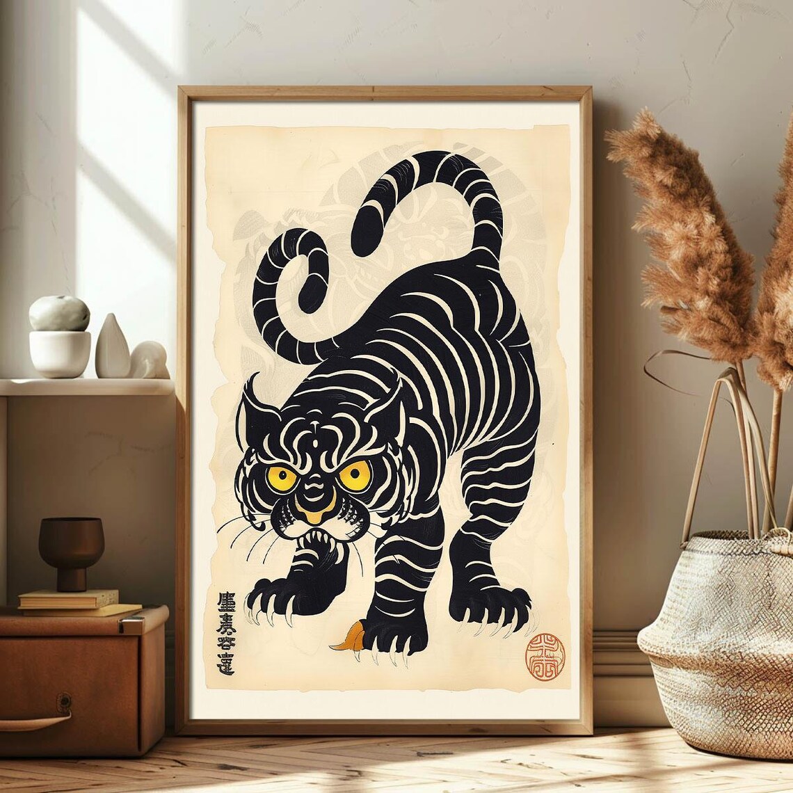 Traditional Japanese Black Tiger Vintage Woodblock Animal Poster - Image 3