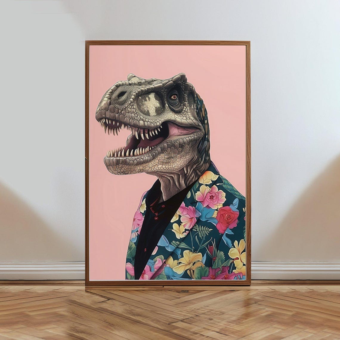Dapper T Rex Dinosaur In Floral Suit Funny Prehistoric Poster