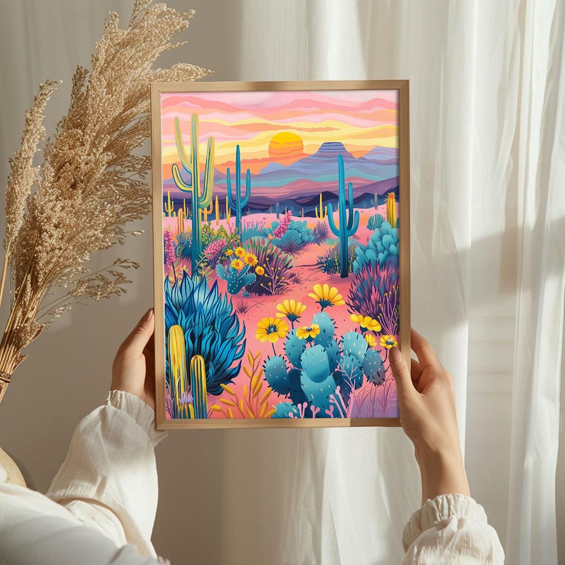 Soft Desert Bloom Pastel Cactus Garden Sunrise Landscape Poster - Image 3