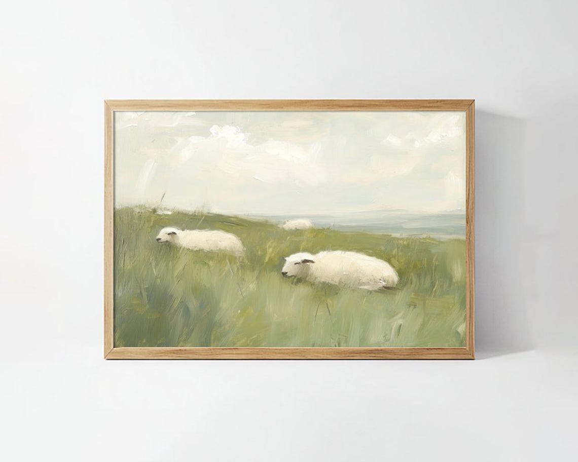 White Sheep Resting Green Pasture Muted Landscape Art Poster
