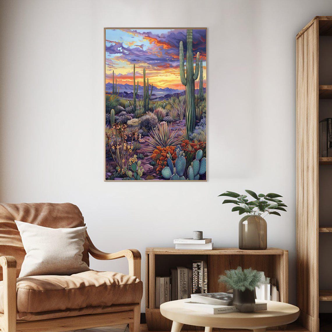 Desert Sunset Saguaro Cactus Landscape Purple Sky Painting Poster - Image 2
