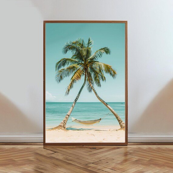 Beach Hammock Between Palm Trees Turquoise Ocean Tropical Poster
