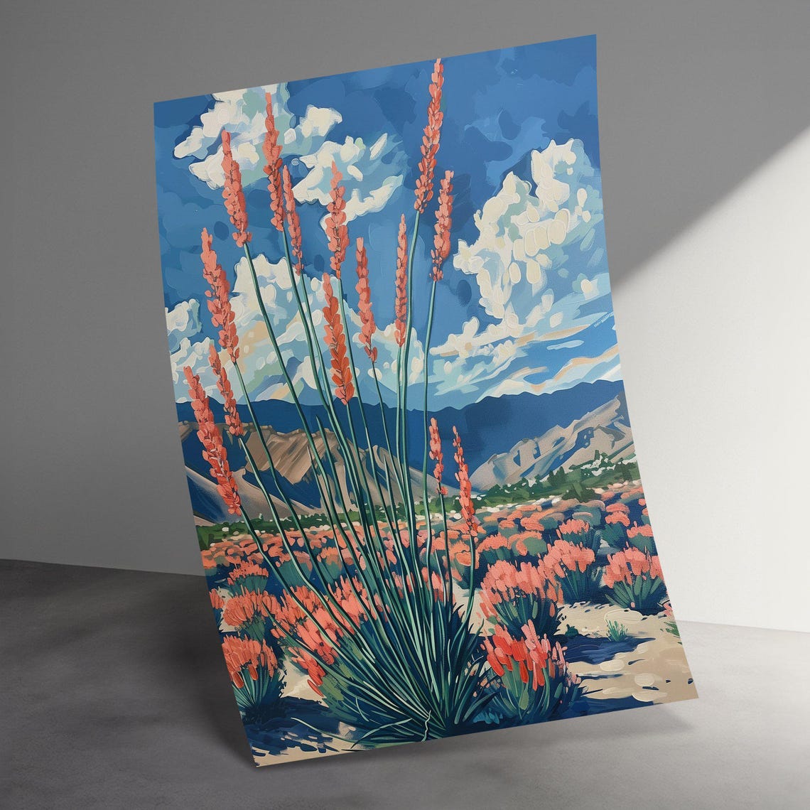 Desert Bloom Coral Flowers Blue Sky Mountains Botanical Art Poster - Image 3