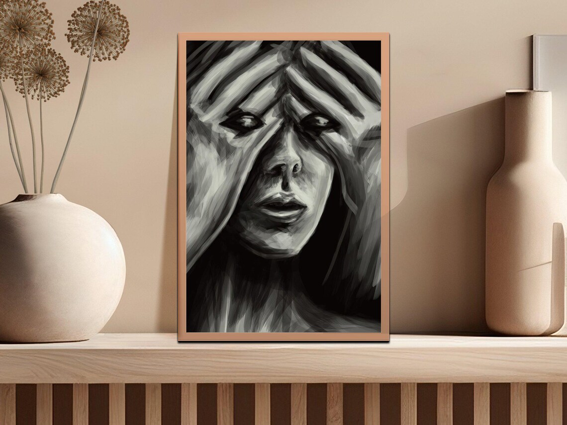 Monochrome Hands Portrait Abstract Emotional Charcoal Art Poster - Image 2