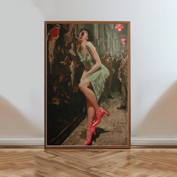 Vintage Nightlife Painting Woman Dancing In Green Dress Classic Bar Scene Wall Art Retro Glamor Home Decor 1920s Inspired Art Print